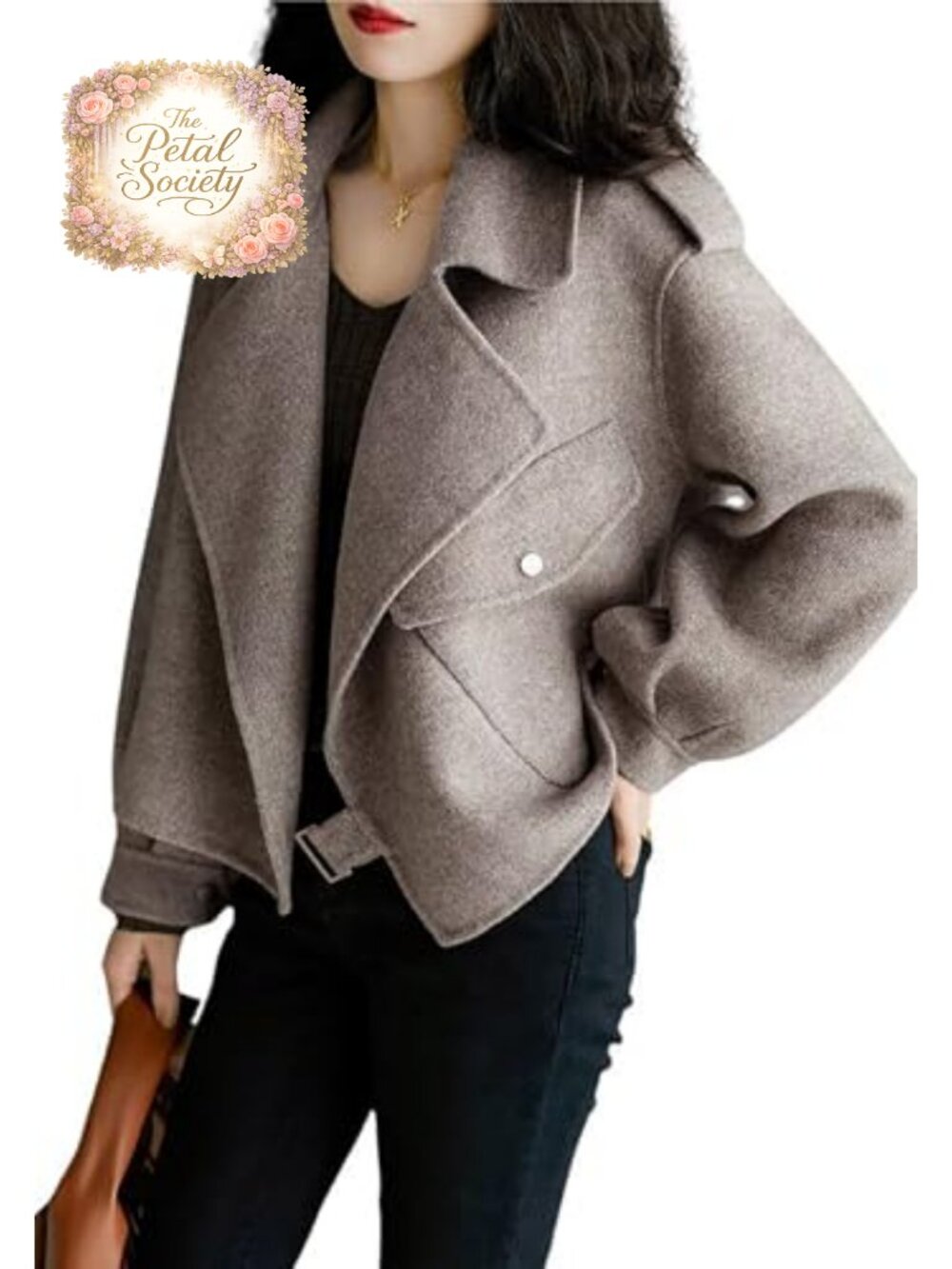 Cropped Wool Blend Pea Coat Notched Lapel Open Front Trench Overcoat
